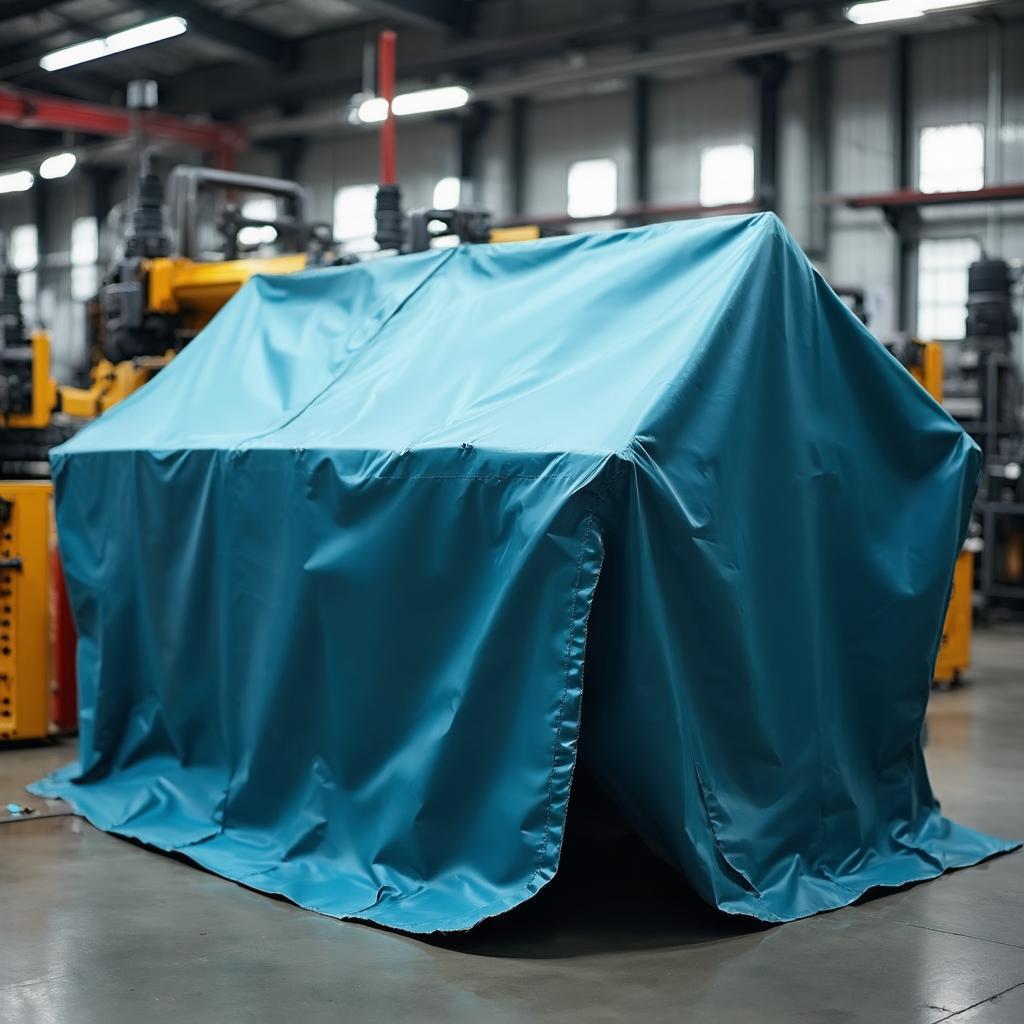 Industrial machine cover made of heavy-duty PVC-coated polyester fabric covering factory equipment