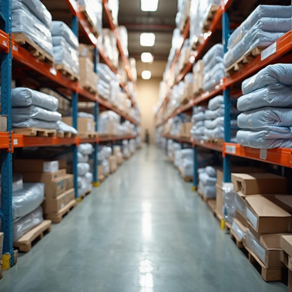 Rows of industrial protective covers on warehouse shelving, organized inventory