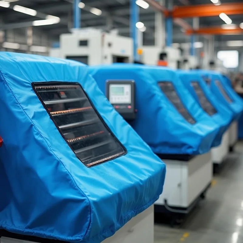 Industrial equipment protected by custom covers with clear observation windows