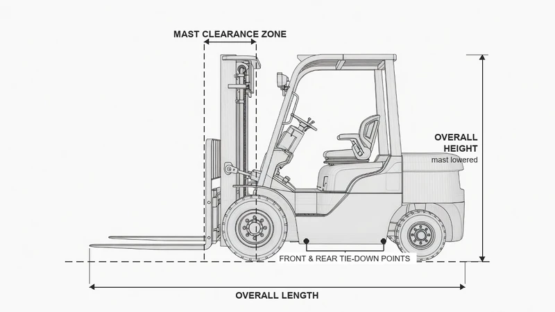 Forklift truck cover measurement diagram showing overall length, overall height, mast clearance zone and tie-down points