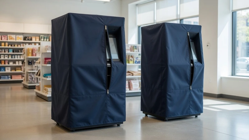 Custom protective covers fitted on self-service kiosks in a retail store