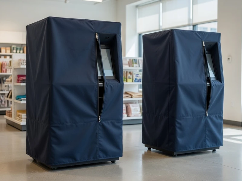 Custom protective covers fitted on self-service kiosks in a retail store
