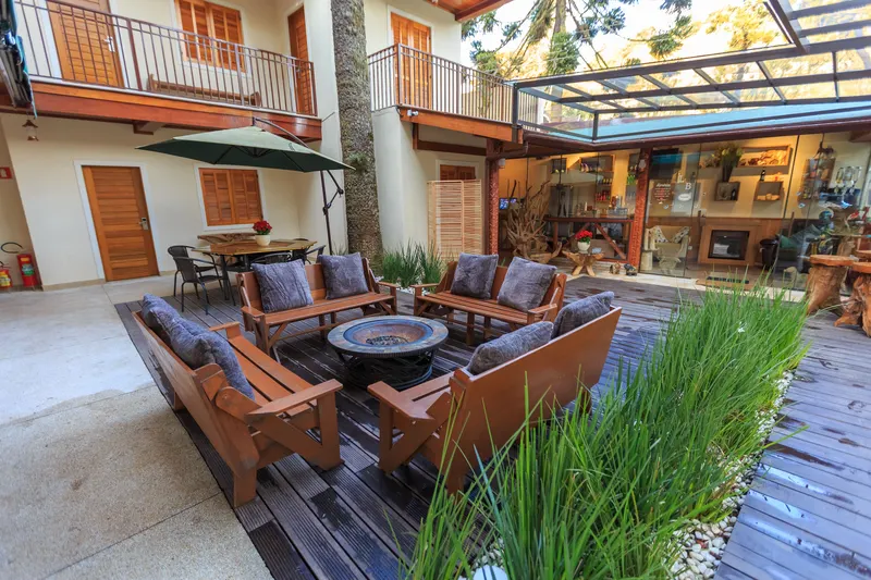 Hotel and restaurant patio furniture on an outdoor commercial terrace